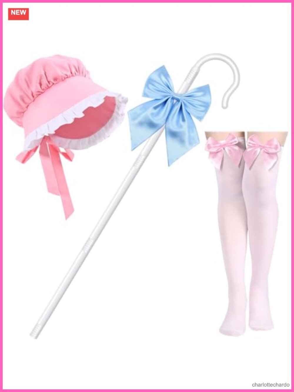 Shepherdess Costume Accessories Set Bonnet Hat Staff Socks Bowtie